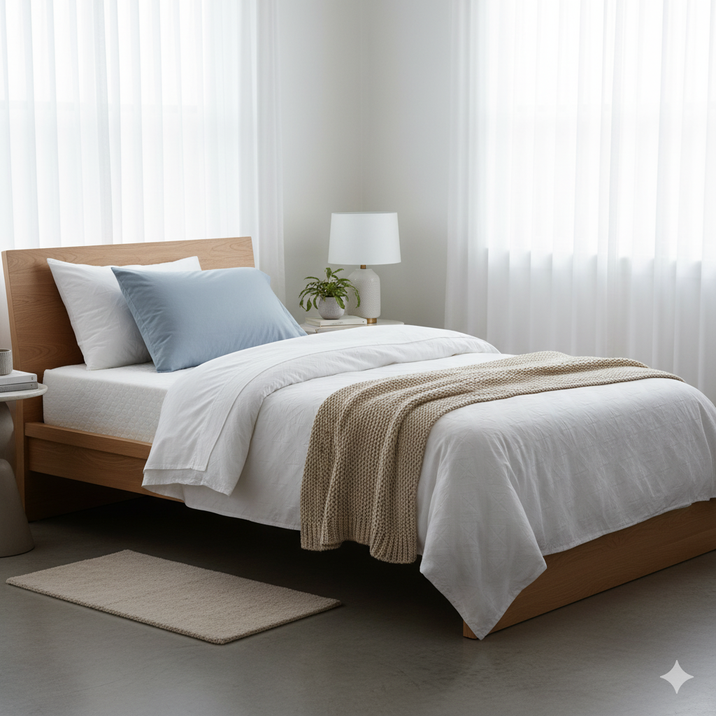 Cama sencilla con sábanas blancas para un colchón individual