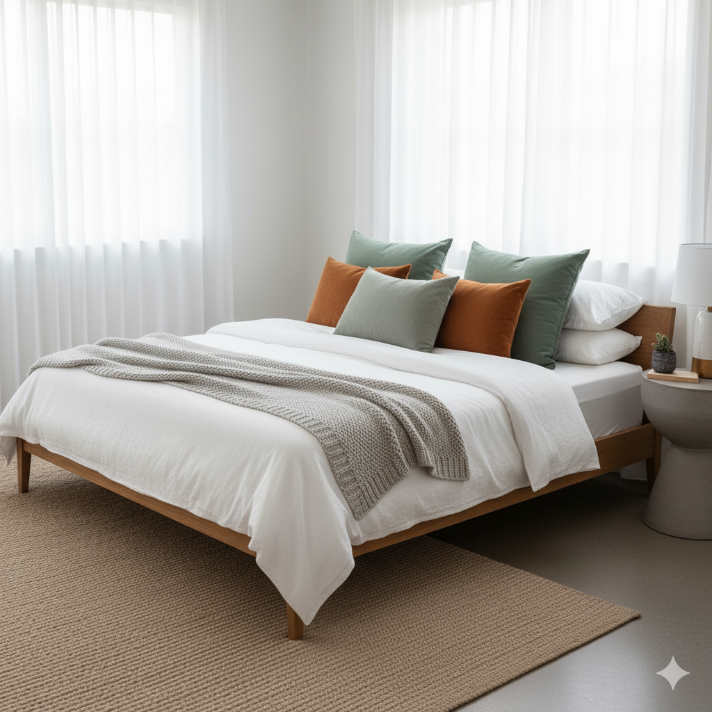 Cama elegante con un Colchón King Size y con almohadas decorativas.